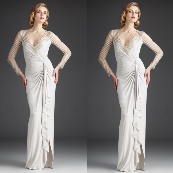 Mignon beaded sexy full length asymmetrically gathered surplice bodice gown - Picture 5 of 14